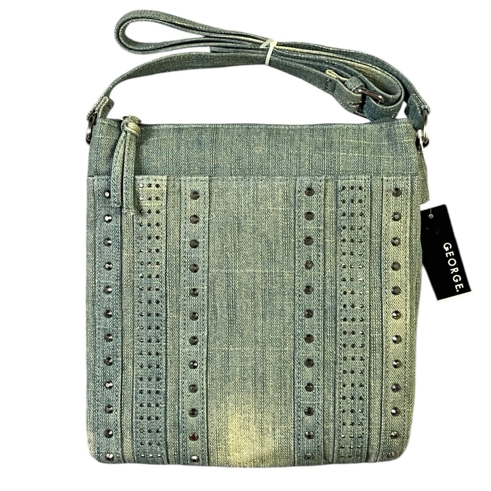 George Sophia Bling Denim Crossbody Bag Blue Studded Rhinestone Zip Purse New